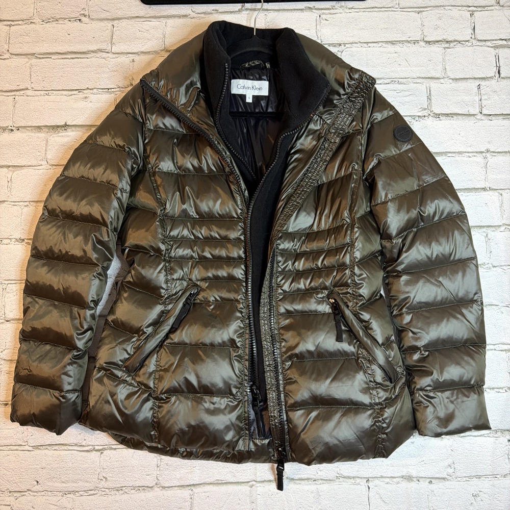 Calvin Klein Packable Puffer Jacket Womens M Metallic Green Double Zipper Sz Sm